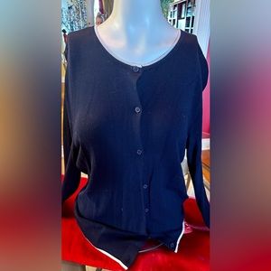 “WOMEN LIMITED” NAVY BLUE WITH WHITE PIPING TRIM LONG SLEEVE CARDIGAN S 36/38 EU